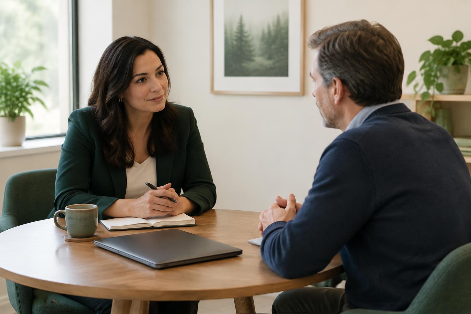 Conversación de mentoría entre dos personas sentadas frente a una mesa