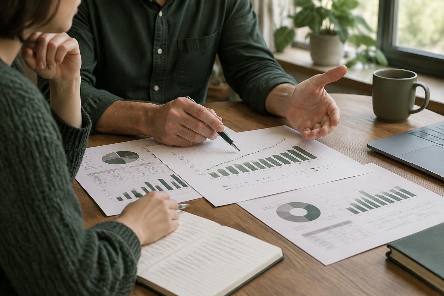 Dos personas revisando un gráfico de tesorería impreso sobre una mesa de trabajo