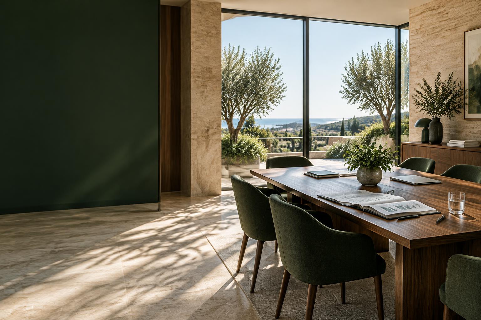 Espacio de trabajo luminoso con una mesa de reuniones y vistas a un jardín